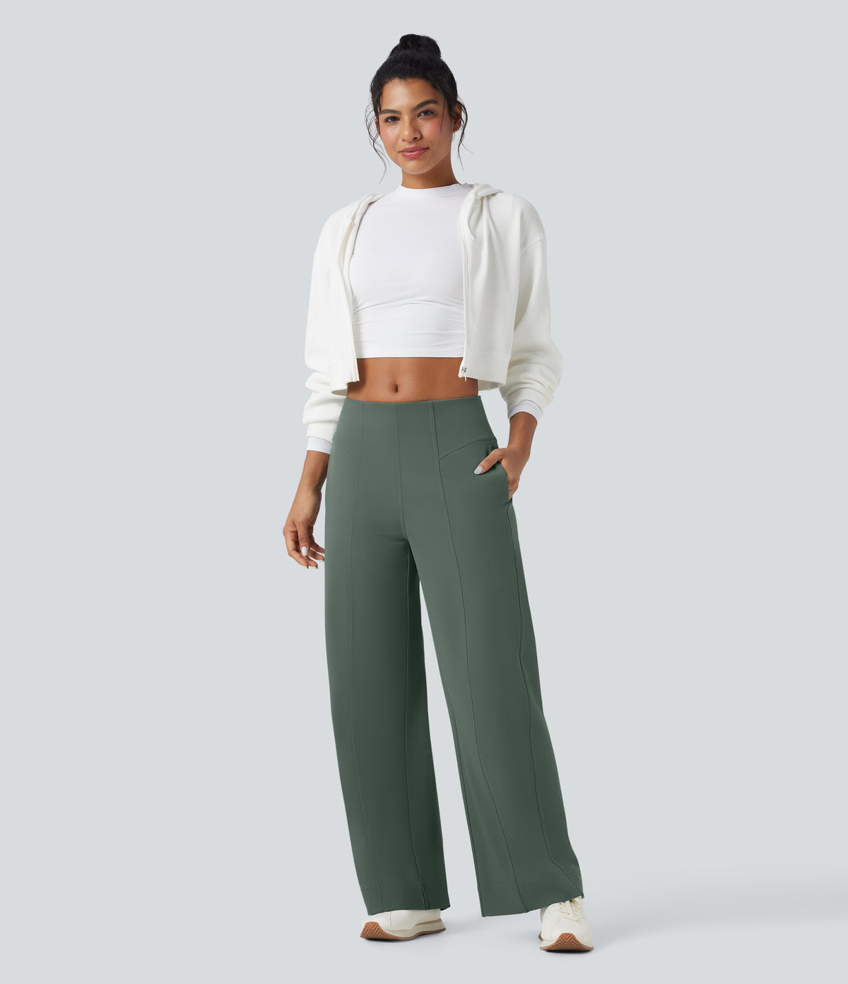 Mid Rise Wide Leg Casual Trousers with Pockets — Deep Aquamarine — view 2