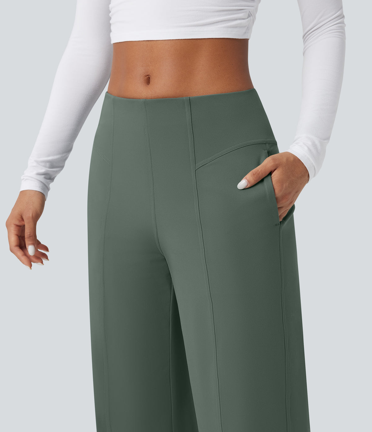Mid Rise Wide Leg Casual Trousers with Pockets — Deep Aquamarine — view 6