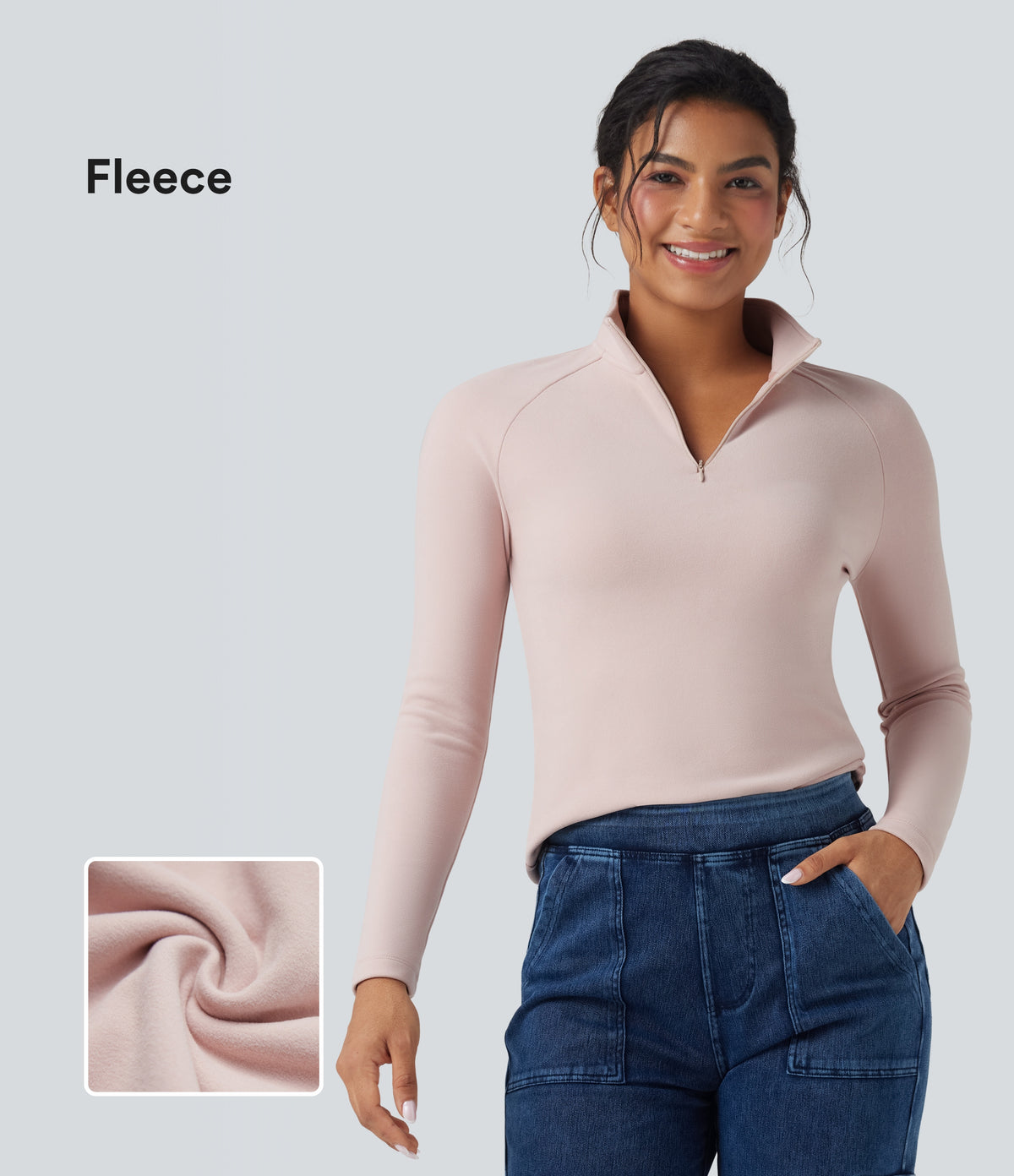 Half Zip Long Sleve Fleece Casual Top — Tea Pink — view 1
