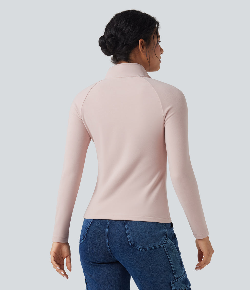 Half Zip Long Sleve Fleece Casual Top — Tea Pink — view 2