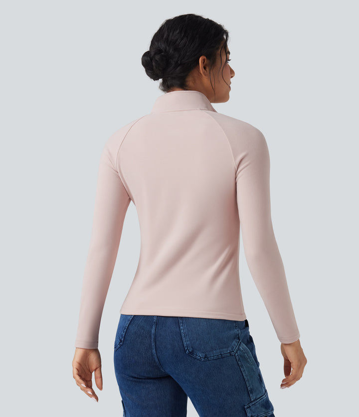 Half Zip Long Sleve Fleece Casual Top — Tea Pink — view 2