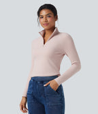 Half Zip Long Sleve Fleece Casual Top — Tea Pink — view 3