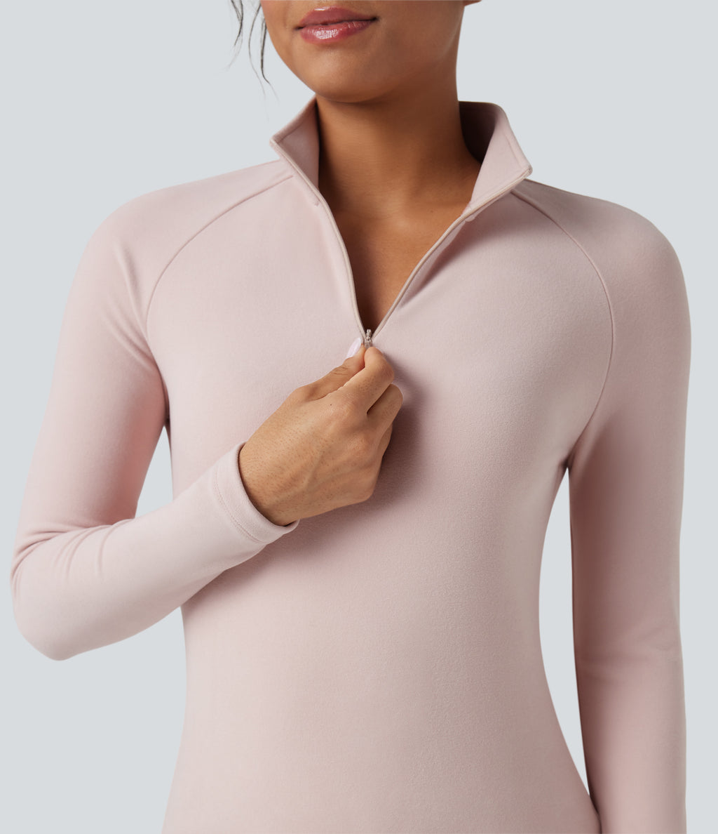 Half Zip Long Sleve Fleece Casual Top — Tea Pink — view 4