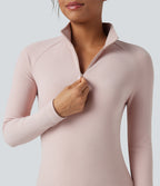 Half Zip Long Sleve Fleece Casual Top — Tea Pink — view 4