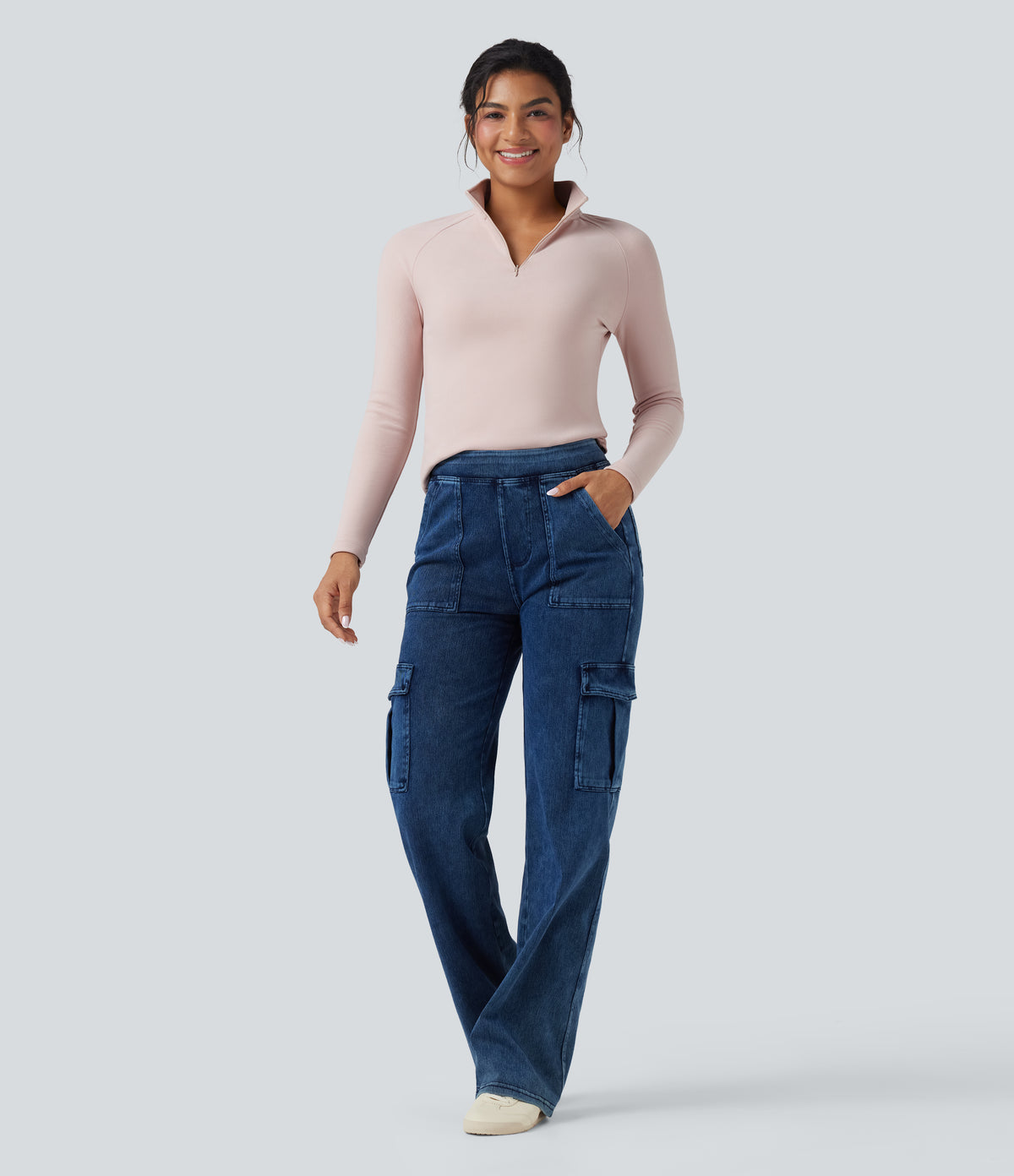 Half Zip Long Sleve Fleece Casual Top — Tea Pink — view 7