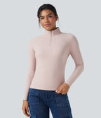 Half Zip Long Sleve Fleece Casual Top — Tea Pink — view 6