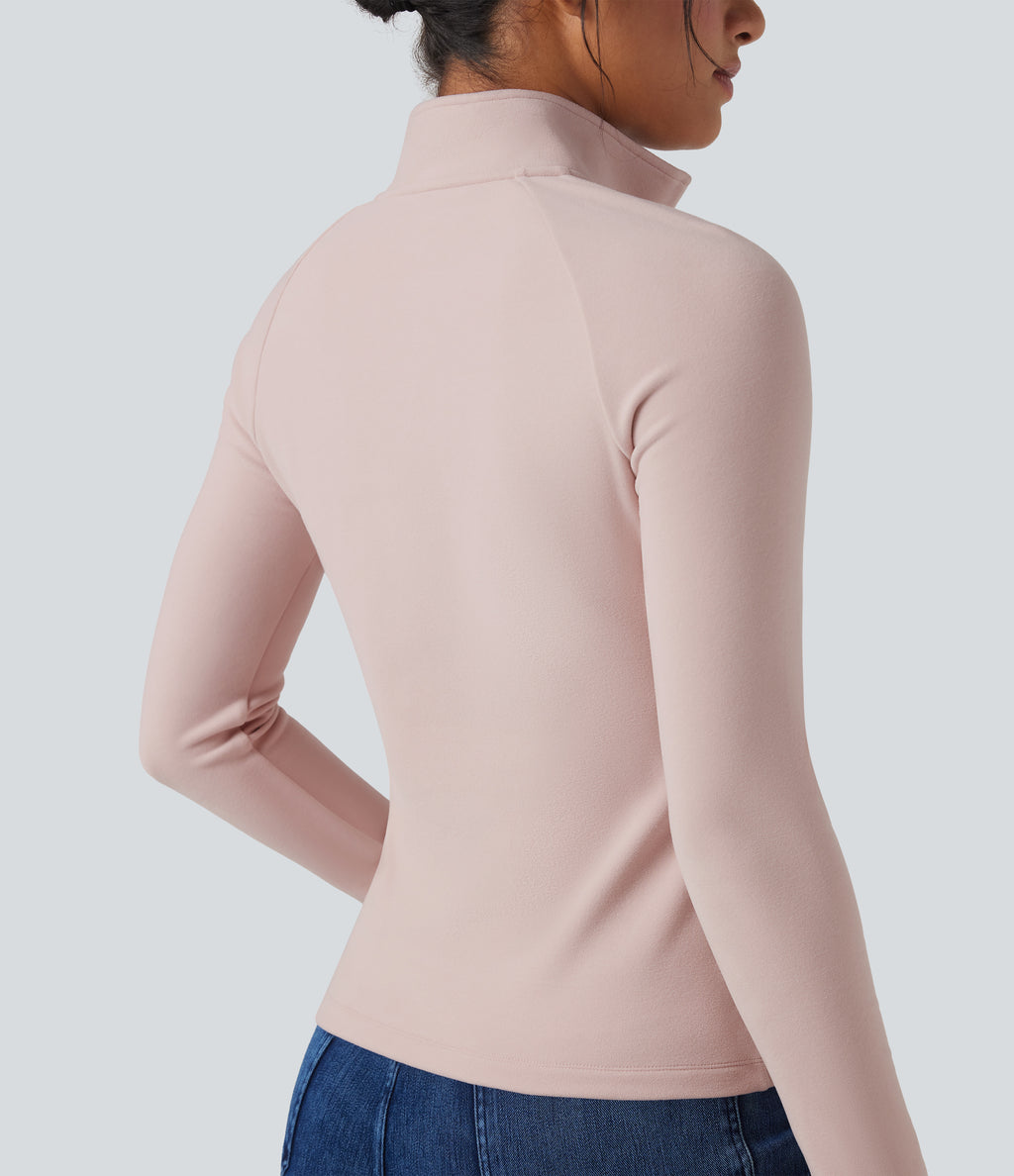 Half Zip Long Sleve Fleece Casual Top — Tea Pink — view 5