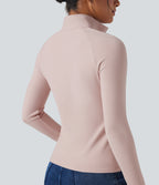 Half Zip Long Sleve Fleece Casual Top — Tea Pink — view 5