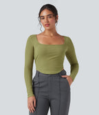 Ribbed Knit Square Neck Long Sleeve Curved Hem Work T-Shirt — Green Olive — view 6