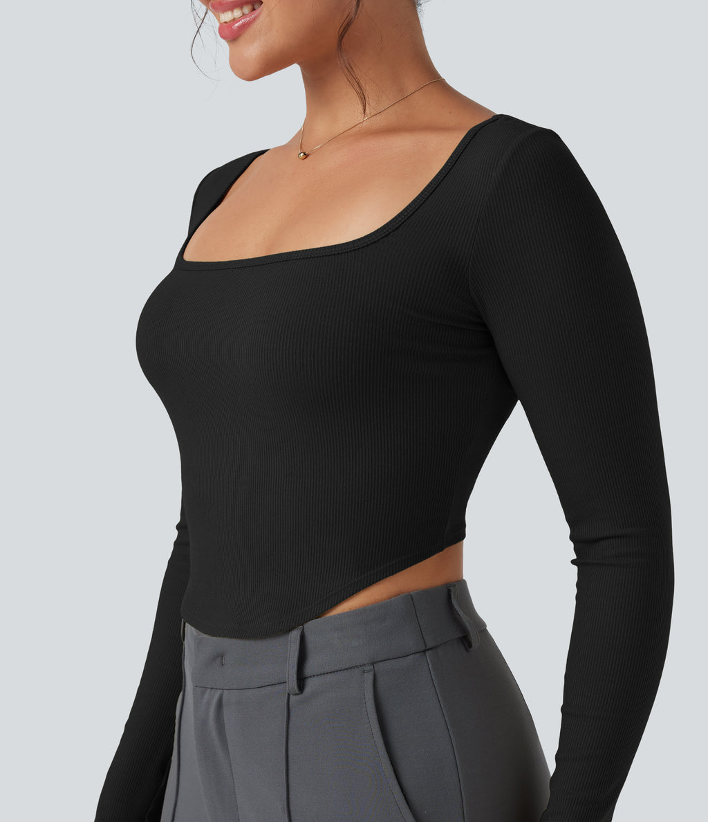 Ribbed Knit Square Neck Long Sleeve Curved Hem Work T-Shirt — Black — view 4