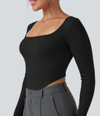 Ribbed Knit Square Neck Long Sleeve Curved Hem Work T-Shirt — Black — view 4
