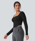 Ribbed Knit Square Neck Long Sleeve Curved Hem Work T-Shirt — Black — view 3