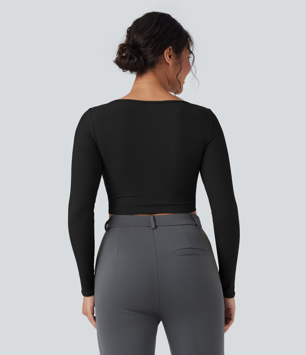 Ribbed Knit Square Neck Long Sleeve Curved Hem Work T-Shirt — Black — view 2