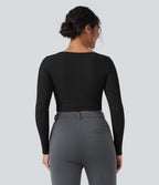 Ribbed Knit Square Neck Long Sleeve Curved Hem Work T-Shirt — Black — view 2