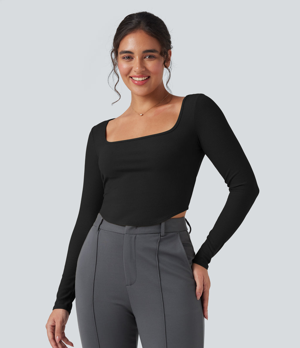 Ribbed Knit Square Neck Long Sleeve Curved Hem Work T-Shirt — Black — view 1