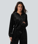 Velvet Hooded Zip Fly Long Sleeve Casual Sweatshirt with Pockets — Black — view 3