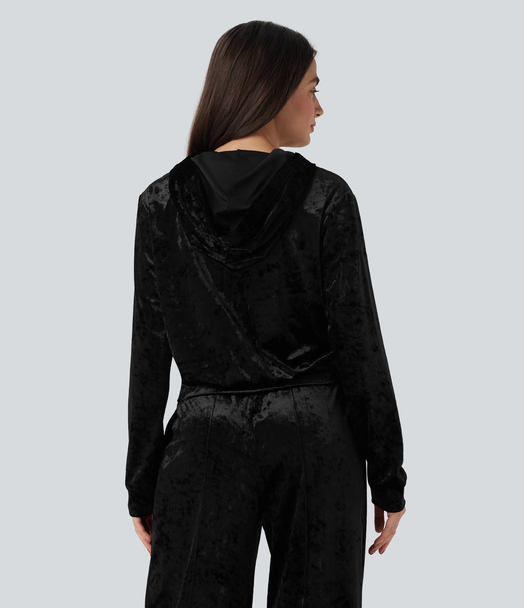 Velvet Hooded Zip Fly Long Sleeve Casual Sweatshirt with Pockets — Black — view 2