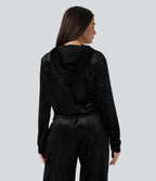 Velvet Hooded Zip Fly Long Sleeve Casual Sweatshirt with Pockets — Black — view 2