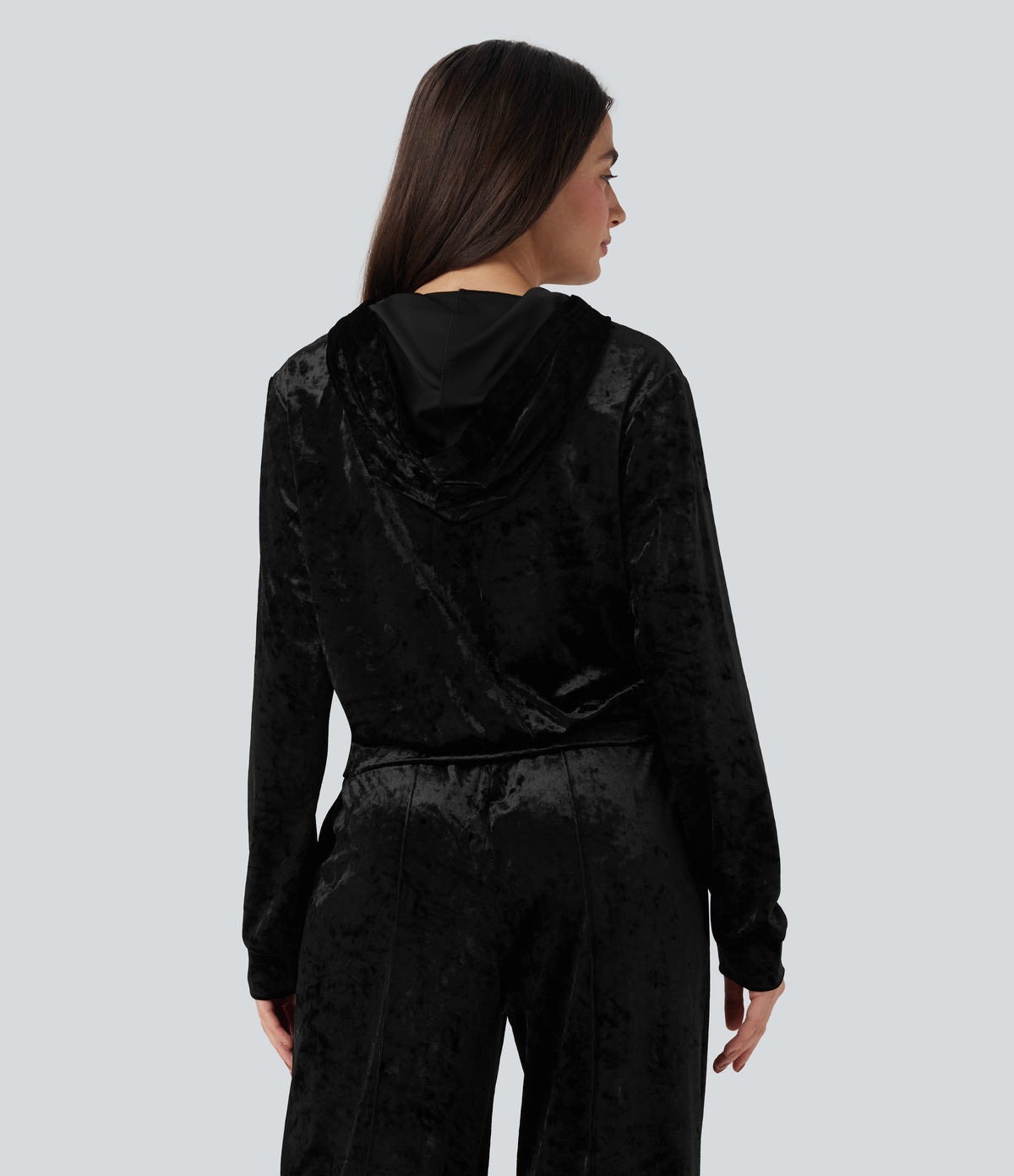 Velvet Hooded Zip Fly Long Sleeve Casual Sweatshirt with Pockets — Black — view 2