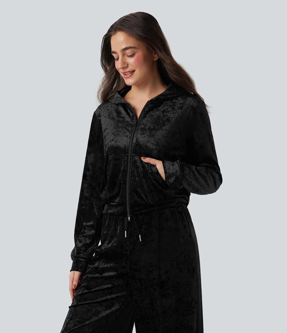Velvet Hooded Zip Fly Long Sleeve Casual Sweatshirt with Pockets — Black — view 4