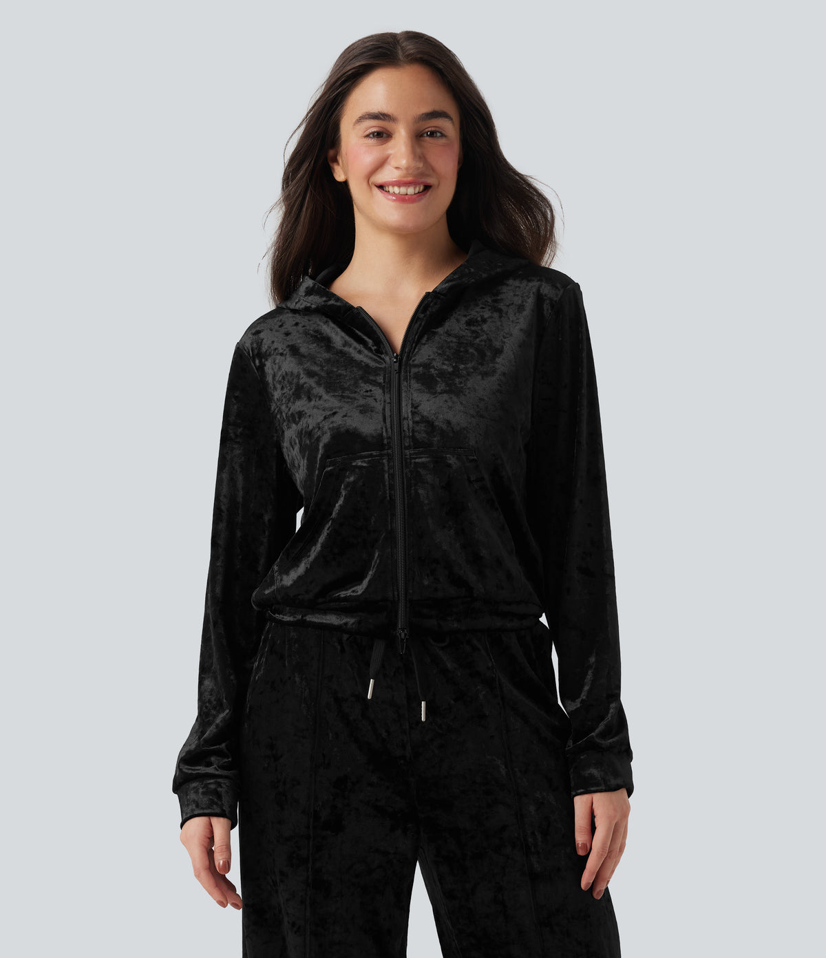 Velvet Hooded Zip Fly Long Sleeve Casual Sweatshirt with Pockets — Black — view 1