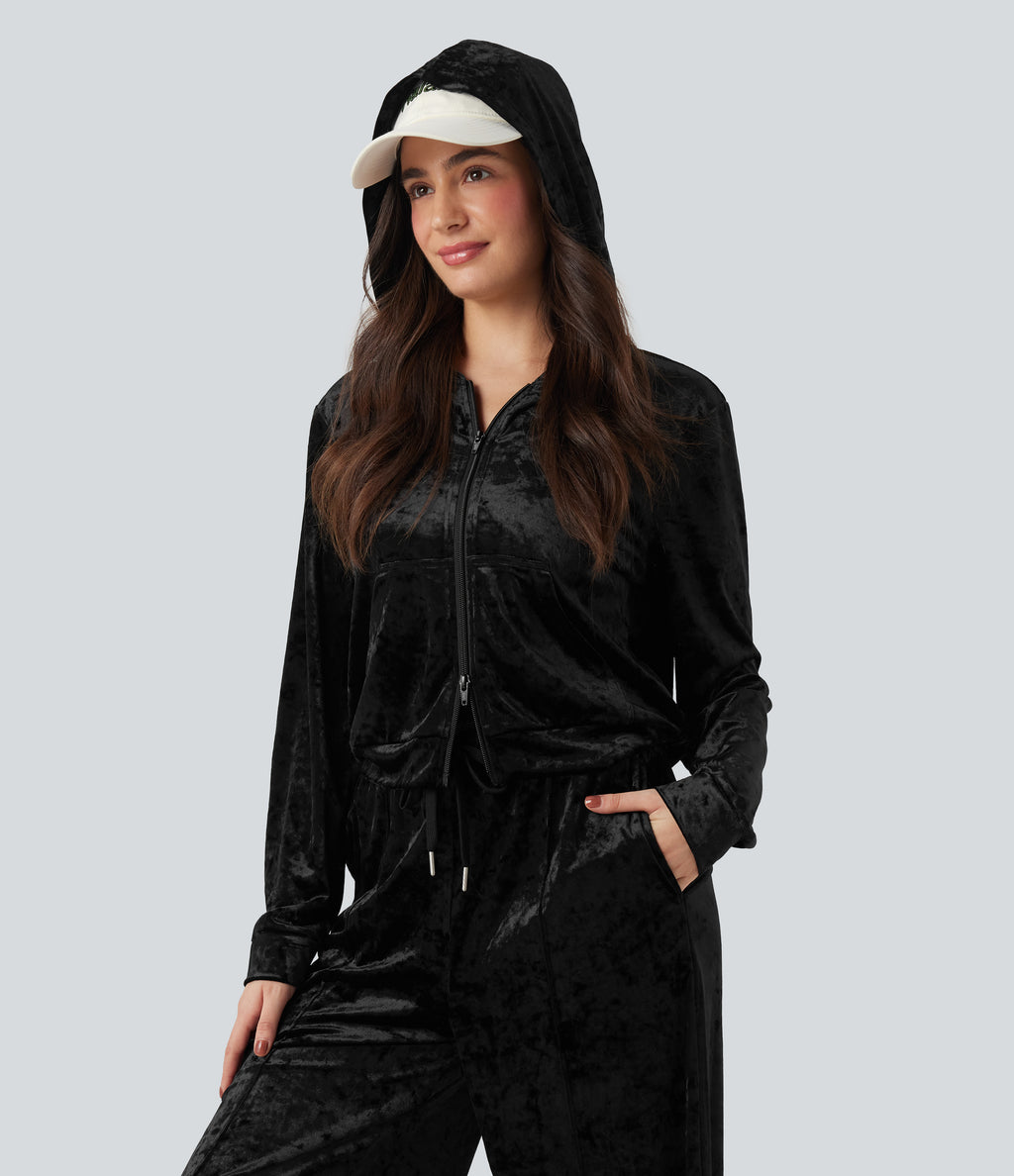 Velvet Hooded Zip Fly Long Sleeve Casual Sweatshirt with Pockets — Black — view 5