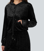 Velvet Hooded Zip Fly Long Sleeve Casual Sweatshirt with Pockets — Black — view 6