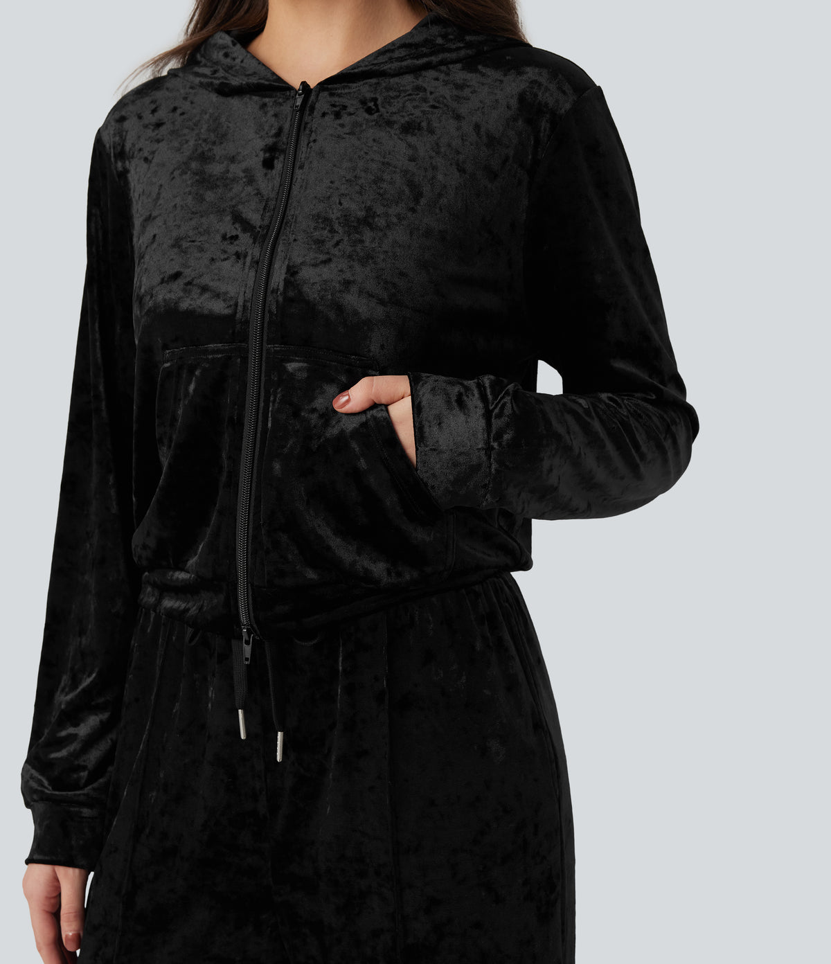 Velvet Hooded Zip Fly Long Sleeve Casual Sweatshirt with Pockets — Black — view 6