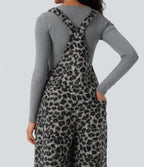 Square Neck Leopard Print Teddy Casual Baggy Dungarees with Pockets — Charcoal Camo — view 5