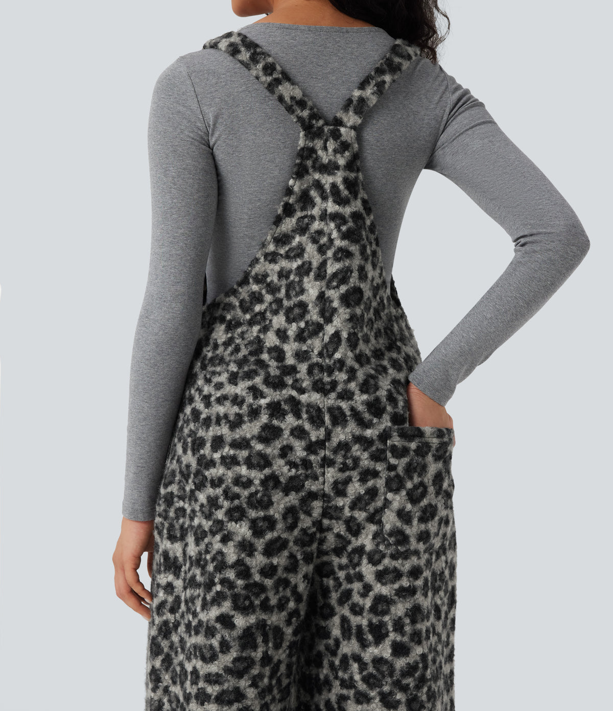 Square Neck Leopard Print Teddy Casual Baggy Dungarees with Pockets — Charcoal Camo — view 5