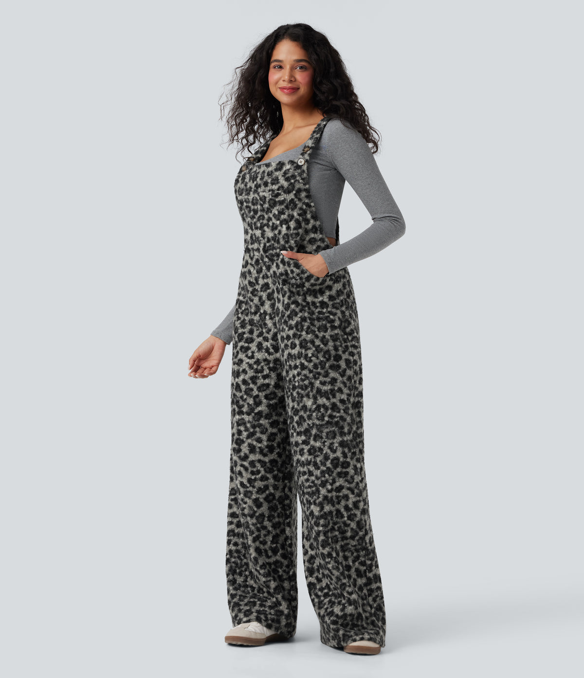 Square Neck Leopard Print Teddy Casual Baggy Dungarees with Pockets — Charcoal Camo — view 3