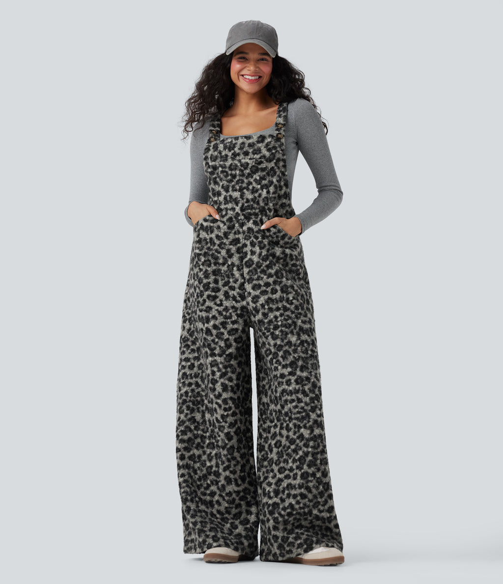Square Neck Leopard Print Teddy Casual Baggy Dungarees with Pockets — Charcoal Camo — view 1