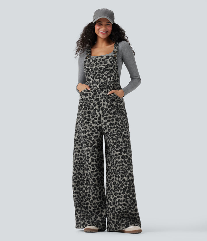 Square Neck Leopard Print Teddy Casual Baggy Dungarees with Pockets — Charcoal Camo — view 1