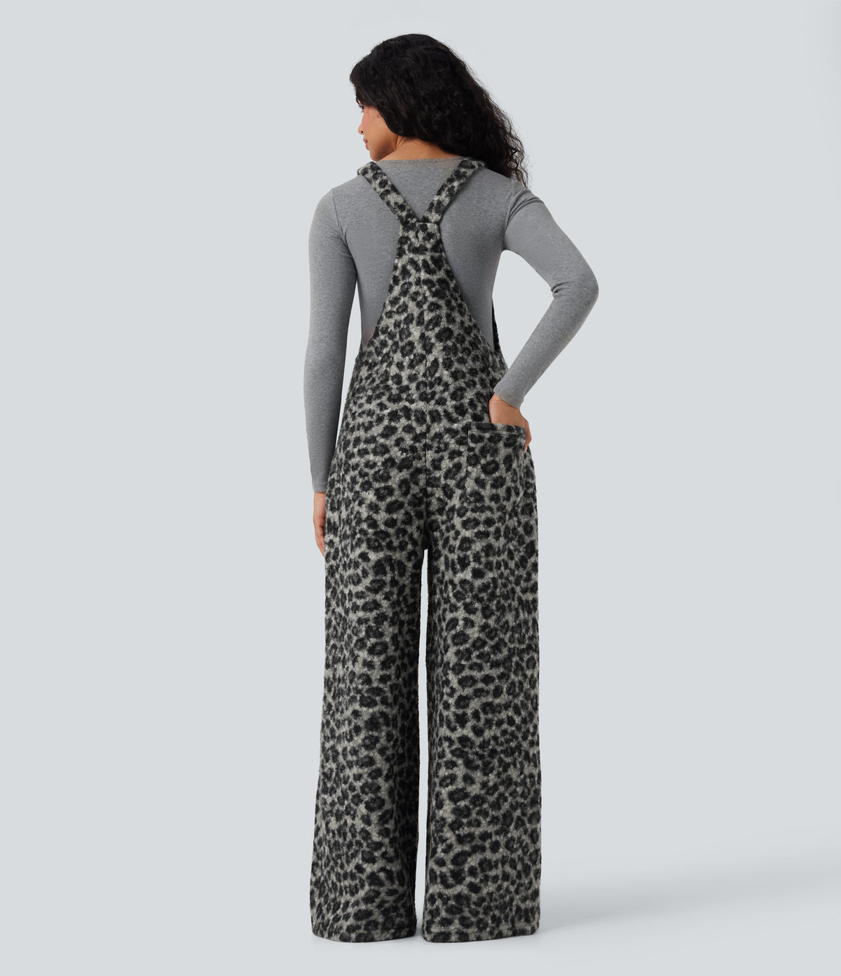 Square Neck Leopard Print Teddy Casual Baggy Dungarees with Pockets — Charcoal Camo — view 2