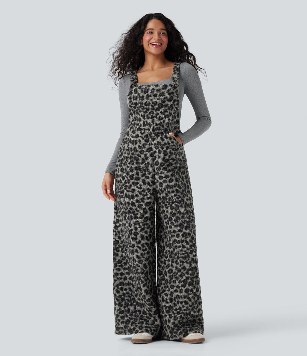 Square Neck Leopard Print Teddy Casual Baggy Dungarees with Pockets — Charcoal Camo — view 6