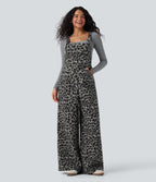 Square Neck Leopard Print Teddy Casual Baggy Dungarees with Pockets — Charcoal Camo — view 6