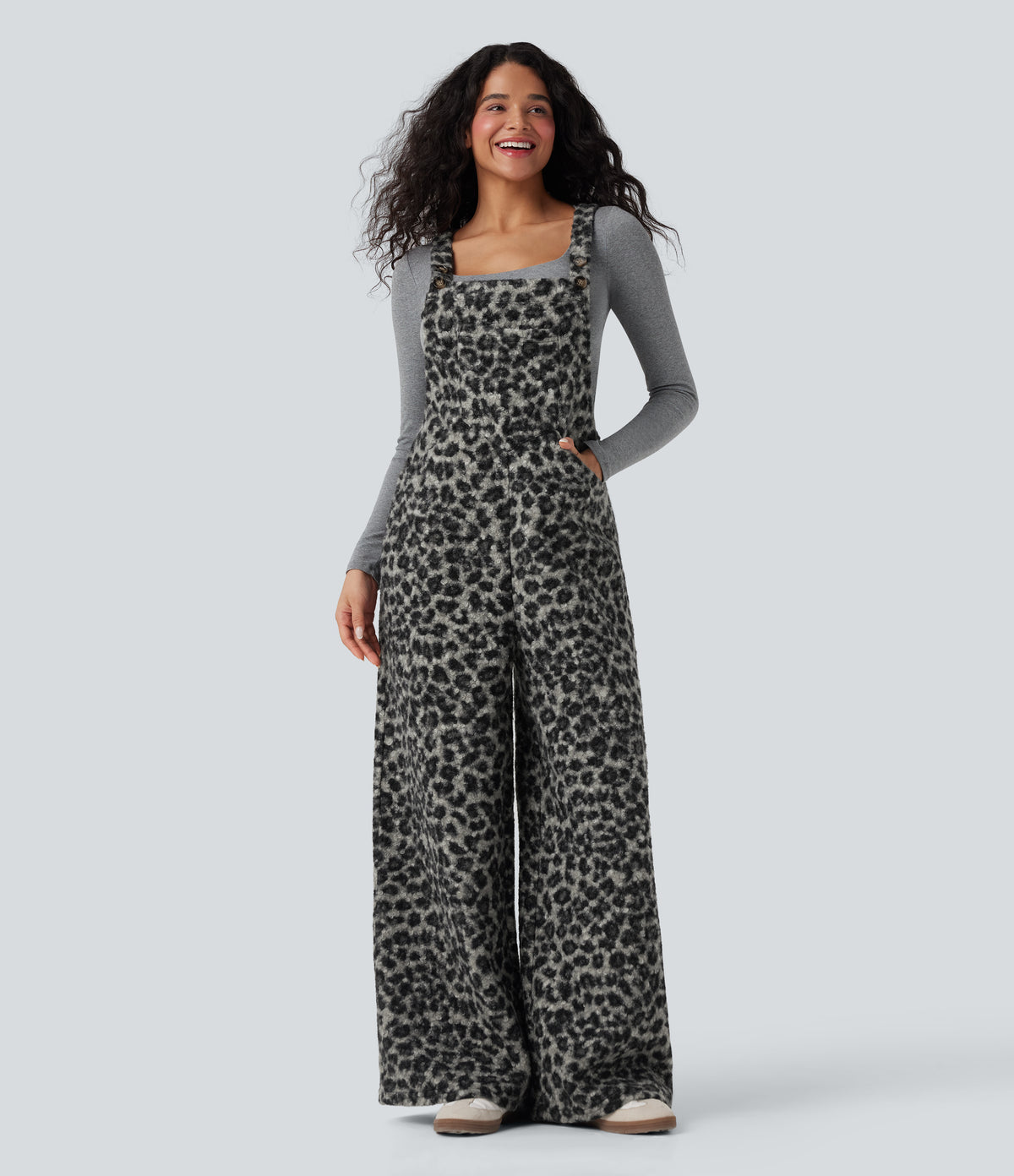 Square Neck Leopard Print Teddy Casual Baggy Dungarees with Pockets — Charcoal Camo — view 6