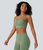 OneForm Seamless Flow Light Support U Neck Crochet Yoga Sports Bra — Green Pine — view 4