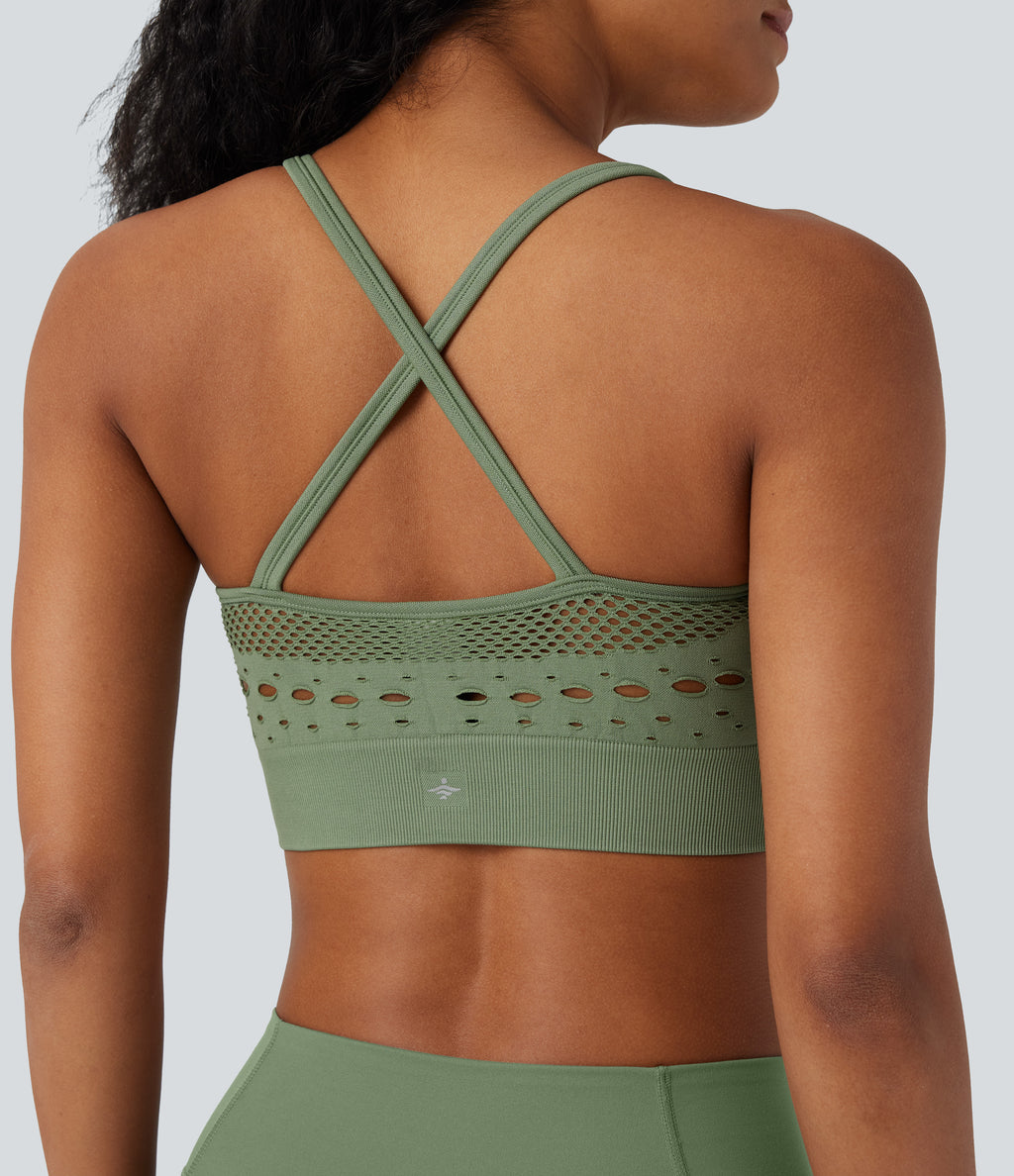 OneForm Seamless Flow Light Support U Neck Crochet Yoga Sports Bra — Green Pine — view 1