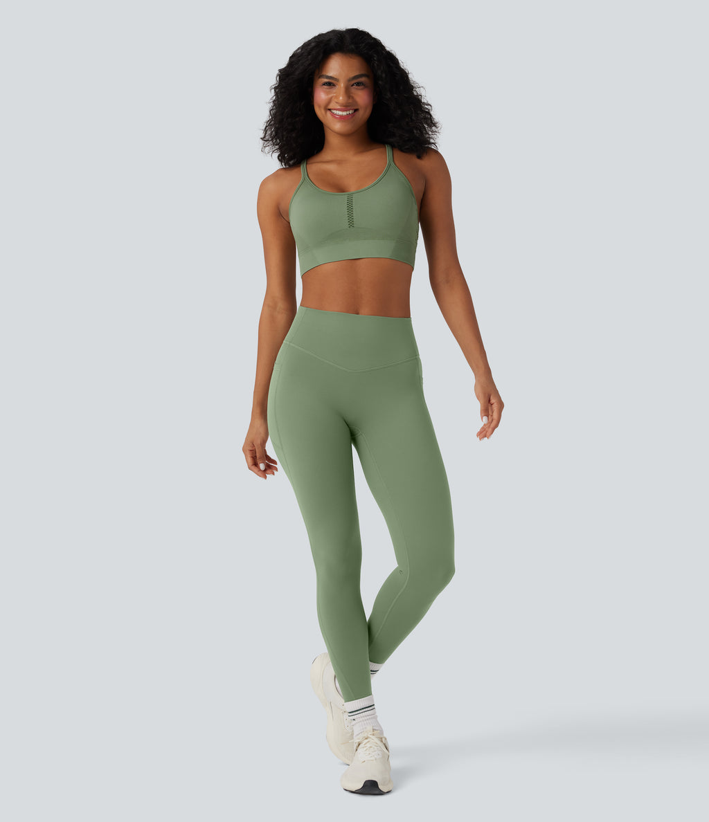 OneForm Seamless Flow Light Support U Neck Crochet Yoga Sports Bra — Green Pine — view 6
