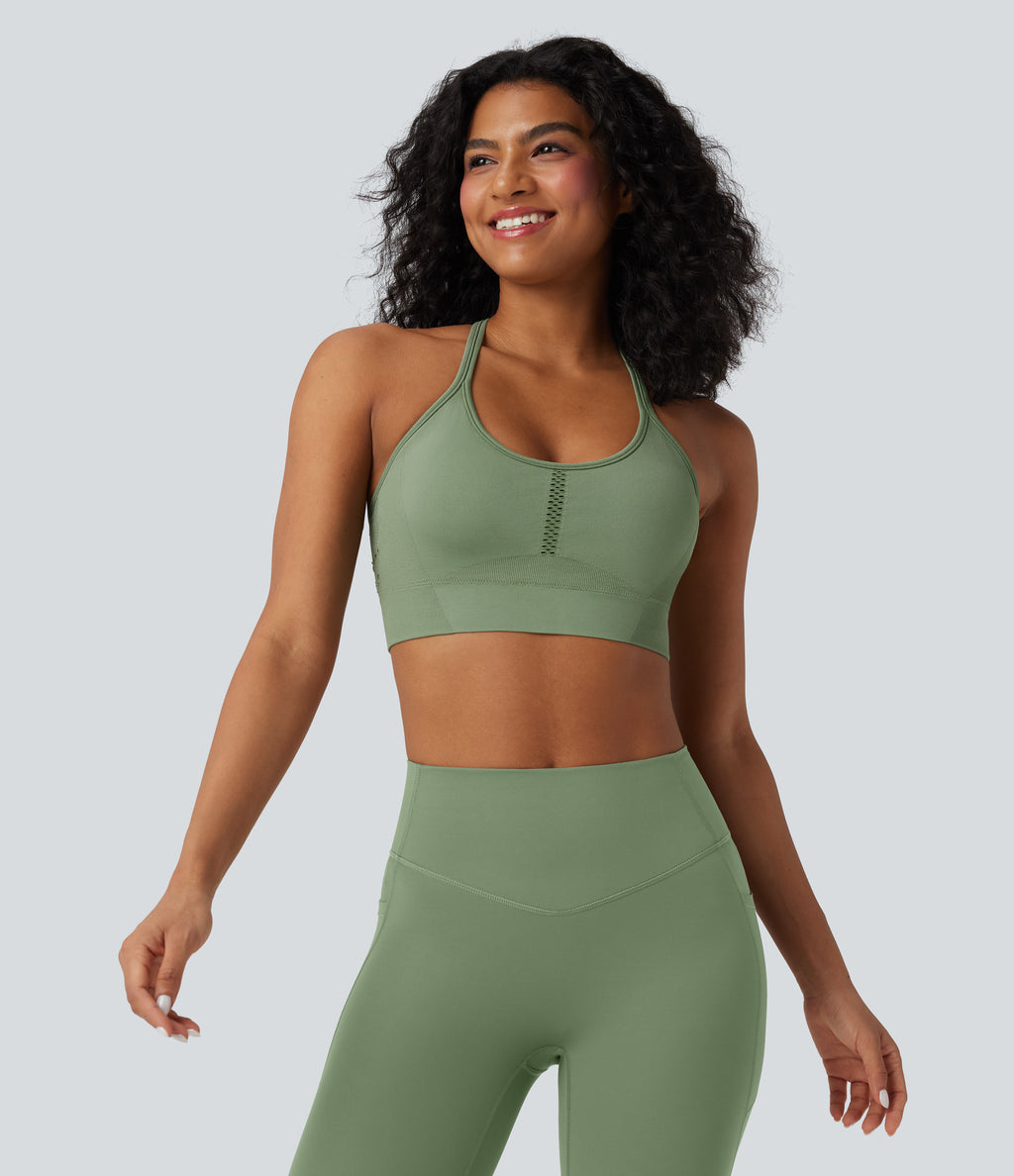 OneForm Seamless Flow Light Support U Neck Crochet Yoga Sports Bra — Green Pine — view 2