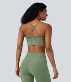 OneForm Seamless Flow Light Support U Neck Crochet Yoga Sports Bra — Green Pine — view 3