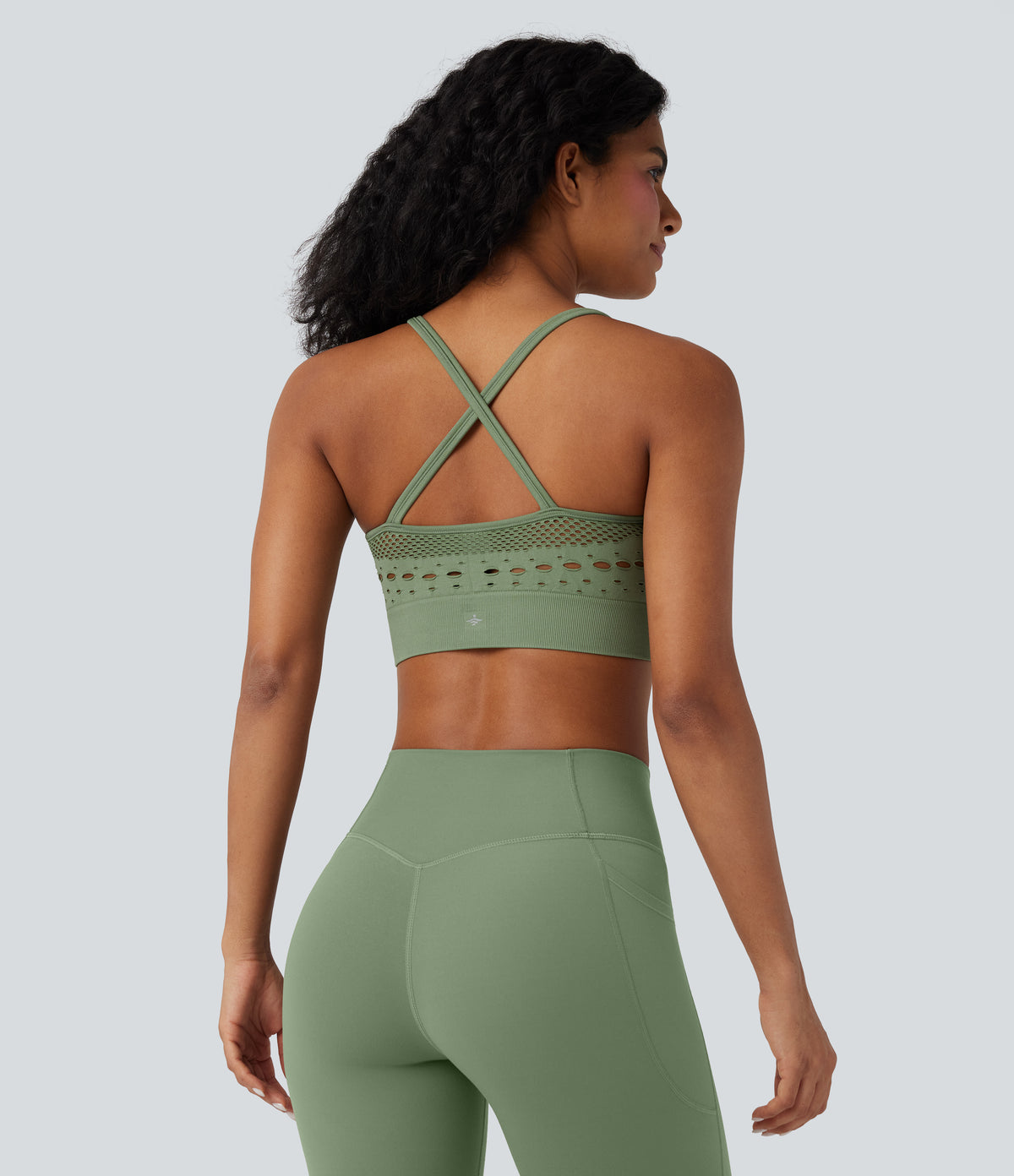 OneForm Seamless Flow Light Support U Neck Crochet Yoga Sports Bra — Green Pine — view 3