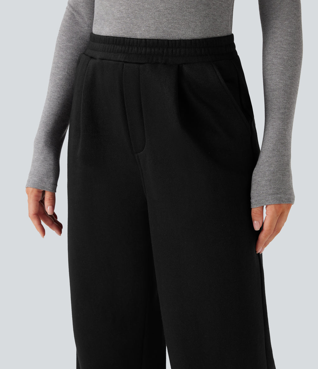 High Waisted Straight Leg Fleece Work Trousers with Pockets — Black — view 5