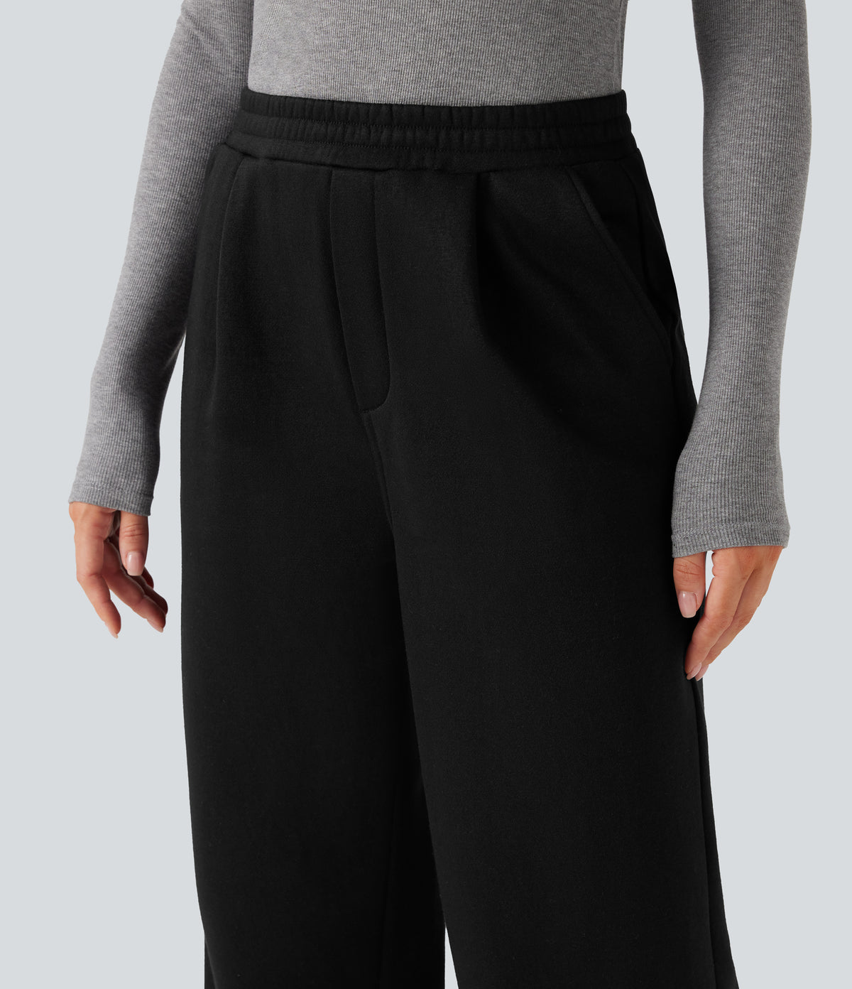High Waisted Straight Leg Fleece Work Trousers with Pockets — Black — view 5