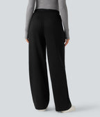 High Waisted Straight Leg Fleece Work Trousers with Pockets — Black — view 2