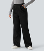 High Waisted Straight Leg Fleece Work Trousers with Pockets — Black — view 3