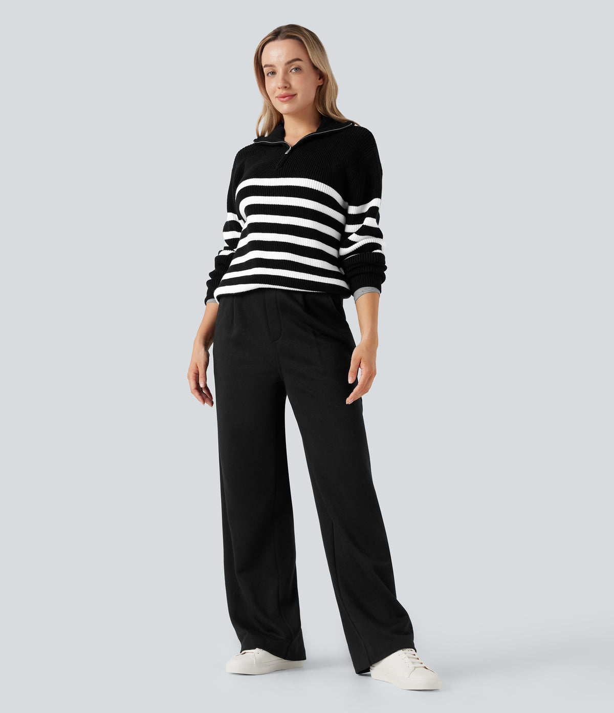 High Waisted Straight Leg Fleece Work Trousers with Pockets — Black — view 6