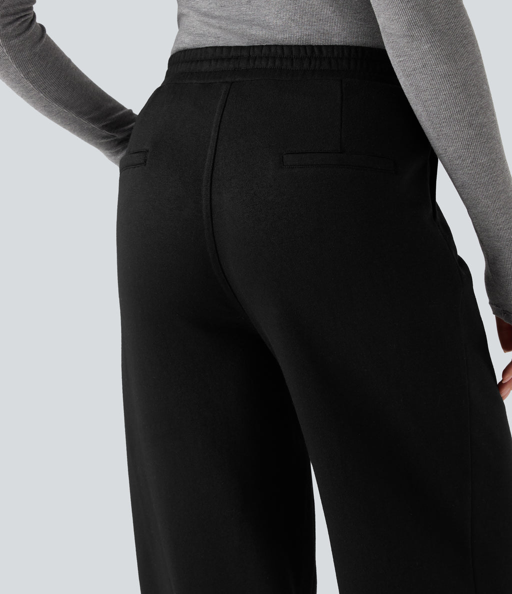 High Waisted Straight Leg Fleece Work Trousers with Pockets — Black — view 4