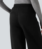 High Waisted Straight Leg Fleece Work Trousers with Pockets — Black — view 4